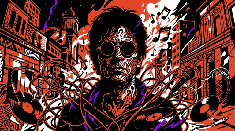 Ilustración urbana sobre la enigmática figura de Indio Solari, con símbolos de rock en una ciudad de noche. Bonchona Radio.