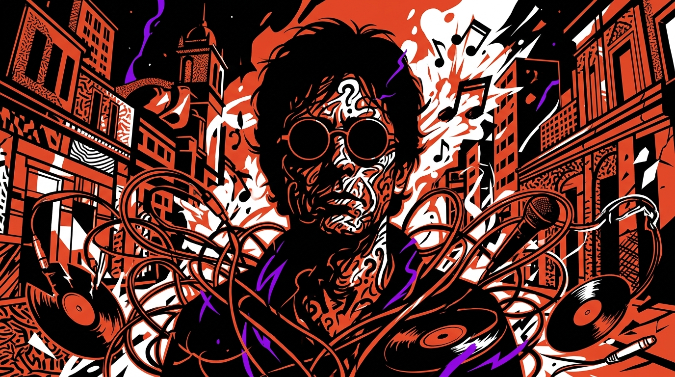 Ilustración urbana sobre la enigmática figura de Indio Solari, con símbolos de rock en una ciudad de noche. Bonchona Radio.