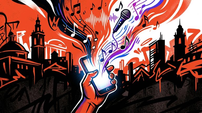 Ilustración urbana de un celular emitiendo música, simbolizando la historia de superación de la cantante Gigi Perez.