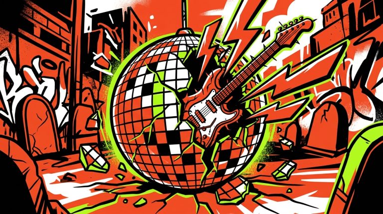 Ilustración urbana sobre Charli xcx y su cambio al rock: una guitarra emerge de una bola de disco rota en un paisaje grafitero.