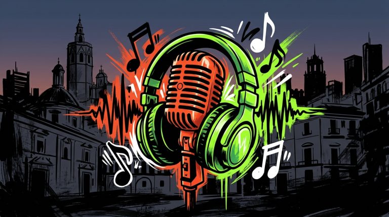 Ilustración urbana de la colaboración de Madonna y Feid. Un micrófono pop y audífonos neón se fusionan en un estilo colorido.