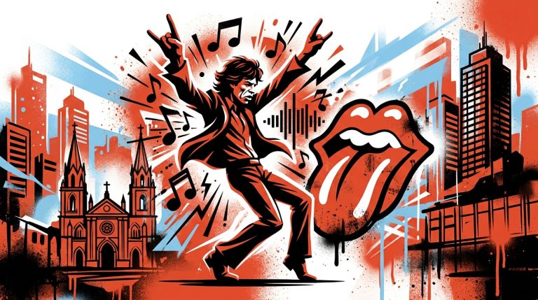 Arte digital estilo graffiti de Mick Jagger en Valencia, celebrando el nuevo álbum de The Rolling Stones y su guiño a Argentina.