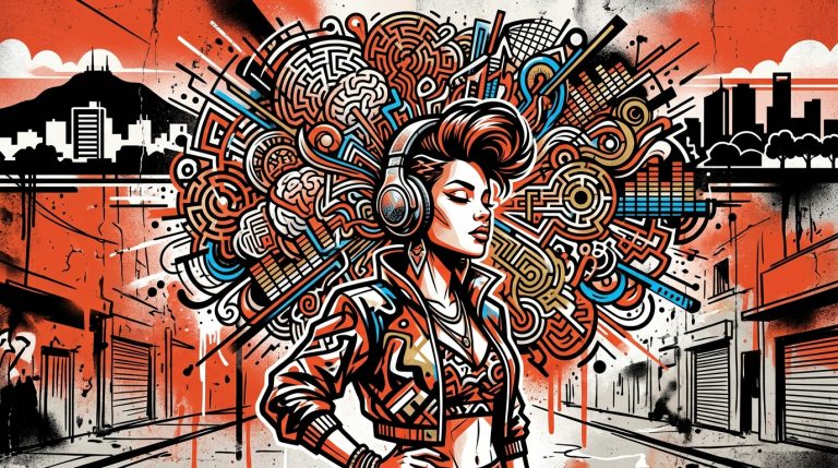 Ilustración urbana de una mujer con audífonos y ondas de sonido complejas, sobre los nuevos álbumes intensos de las divas pop.