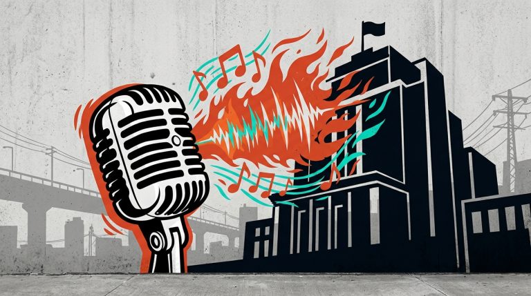 Ilustración de arte urbano sobre Karol G confrontando al poder con su voz, representada por un micrófono y ondas sonoras.