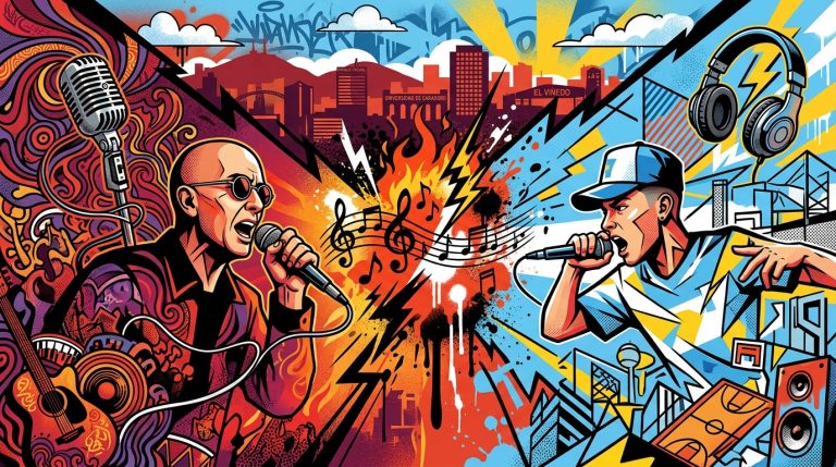Ilustración urbana que representa el choque generacional entre el rock del Indio Solari y el rap de Trueno en Argentina.