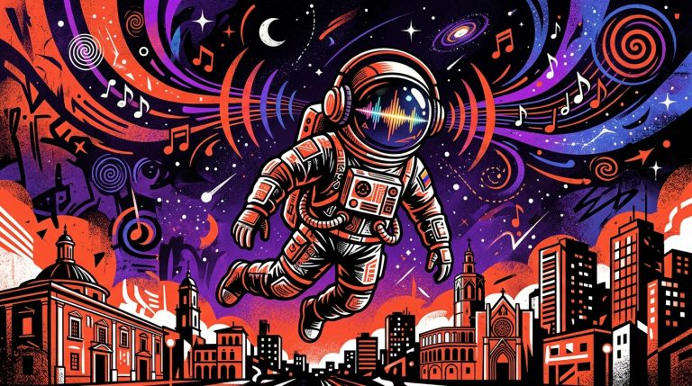 Ilustración urbana de un astronauta con audífonos, representando el concepto espacial del nuevo álbum de Muse, 'The Wow! Signal'.