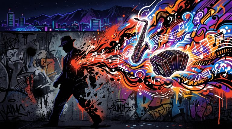 Ilustración urbana del legado del músico Daniel Melingo, con una silueta y explosión de notas musicales sobre la ciudad.