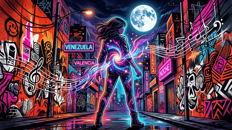 Ilustración urbana sobre 'BESITO' de Judeline: una figura femenina como portal místico en una ciudad nocturna.