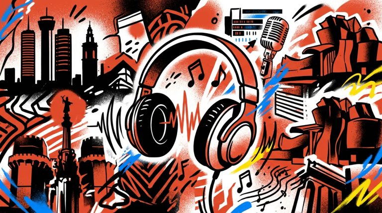 Ilustración urbana de la conexión musical entre Valencia y BIME Bilbao 2026. Auriculares y siluetas de ciudades.