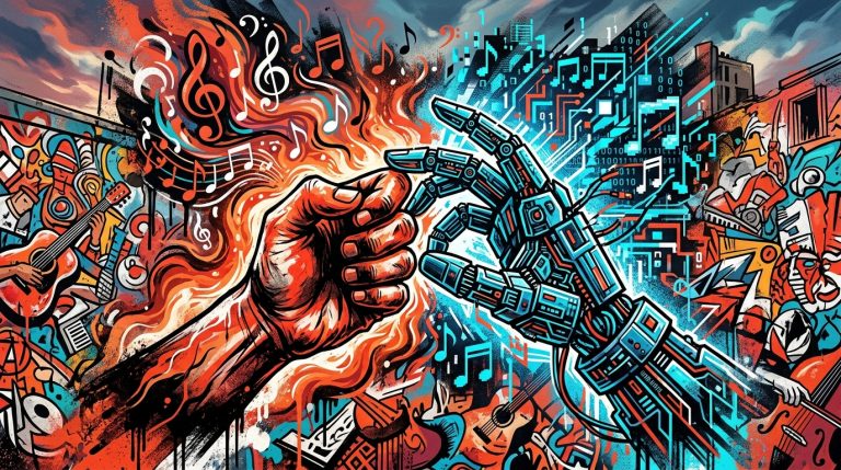 Ilustración urbana sobre la guerra entre artistas y la música IA en plataformas de streaming como Spotify.