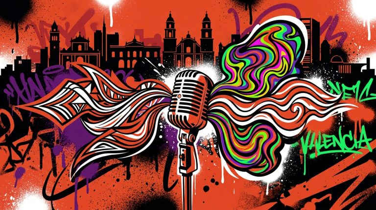 Ilustración urbana en homenaje a Daniel Melingo: un micrófono emite ondas de sonido sobre la silueta de una ciudad.