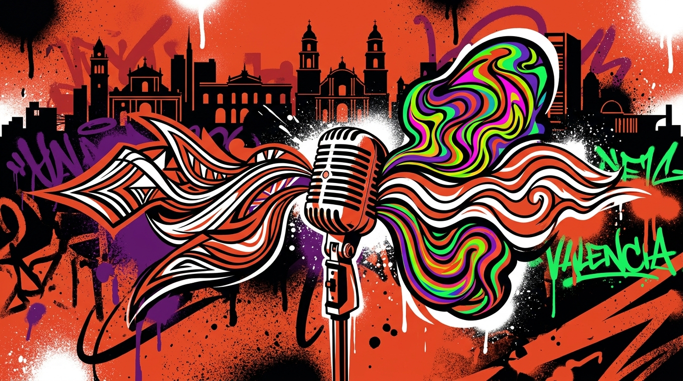 Ilustración urbana en homenaje a Daniel Melingo: un micrófono emite ondas de sonido sobre la silueta de una ciudad.