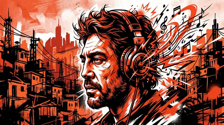 Ilustración urbana estilo graffiti de un hombre con audífonos, simbolizando la pasión de Javier Bardem por el metal y Slipknot.