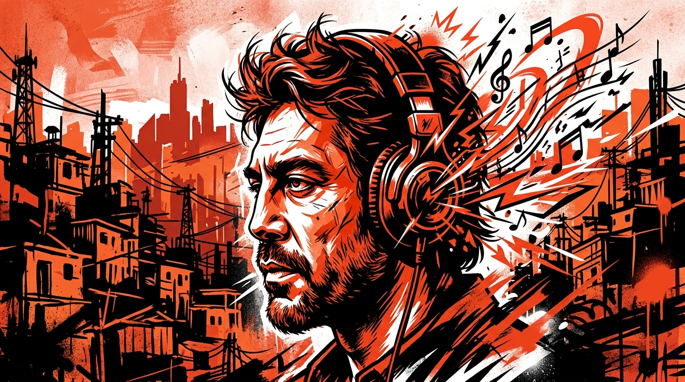 Ilustración urbana estilo graffiti de un hombre con audífonos, simbolizando la pasión de Javier Bardem por el metal y Slipknot.