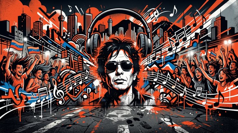 Ilustración estilo mural urbano del rockero Indio Solari, celebrando la pasión de los fans y la música.