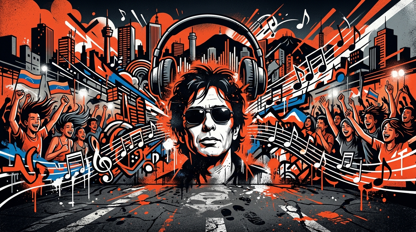 Ilustración estilo mural urbano del rockero Indio Solari, celebrando la pasión de los fans y la música.