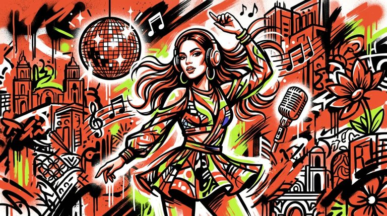 Ilustración urbana por el nuevo álbum de Madonna y su colaboración con Feid. Reina del pop bailando ante un fondo graffiti.