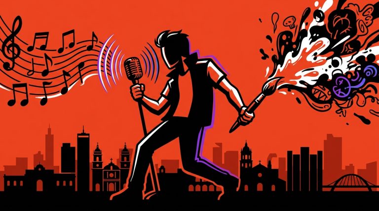 Ilustración urbana sobre el arte secreto de Indio Solari: un rockstar fusionando música y pintura.