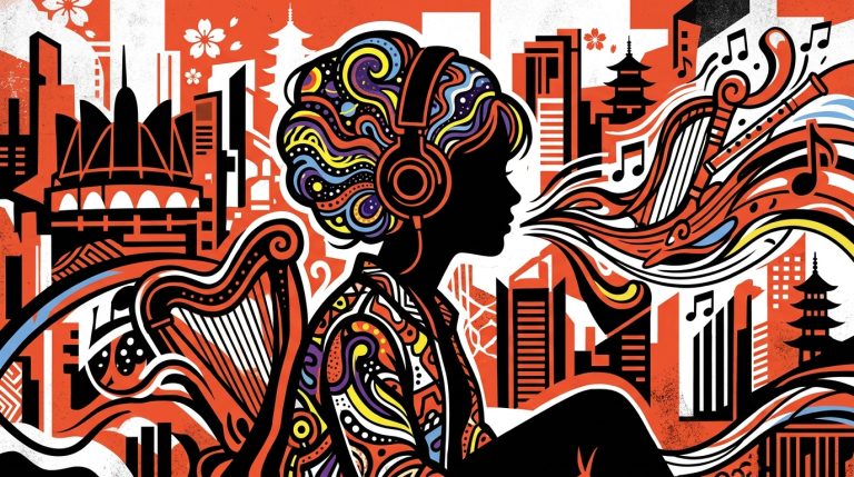 Ilustración urbana de una joven con audífonos, inspirada en la música de AKRIILA y la influencia de The Beatles.