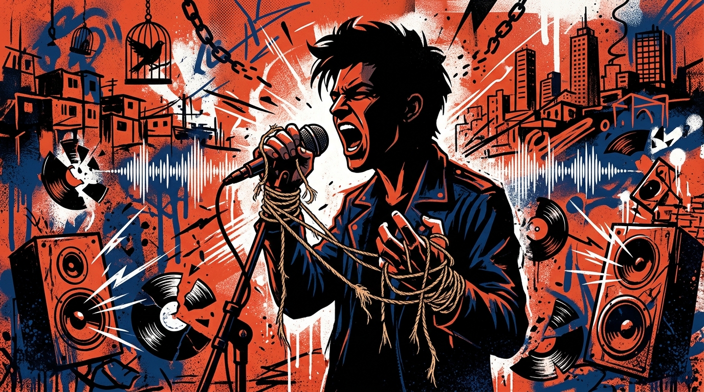 Ilustración urbana de un cantante con micrófono y cuerdas de marioneta, simbolizando la protesta de Serj Tankian.