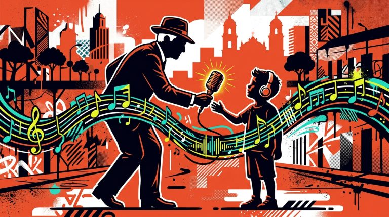Ilustración urbana del legado musical de Gilberto Santa Rosa a su nieto, unidos por un micrófono y la música en su nueva canción.