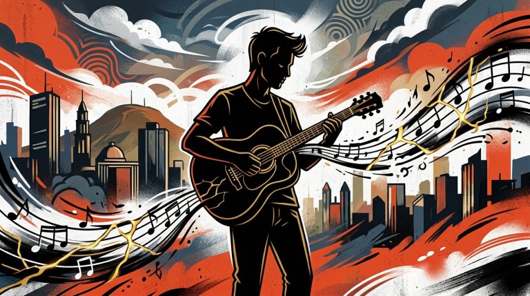Ilustración graffiti de un músico. Representa el viaje personal y solista de Guille Galván, guitarrista de Vetusta Morla.