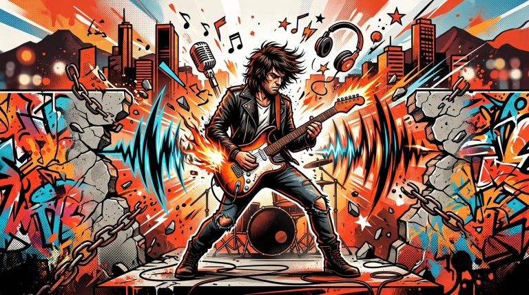 Ilustración urbana de un rockero rompiendo reglas, inspirada en la faceta rebelde y musical de Christian Meier.