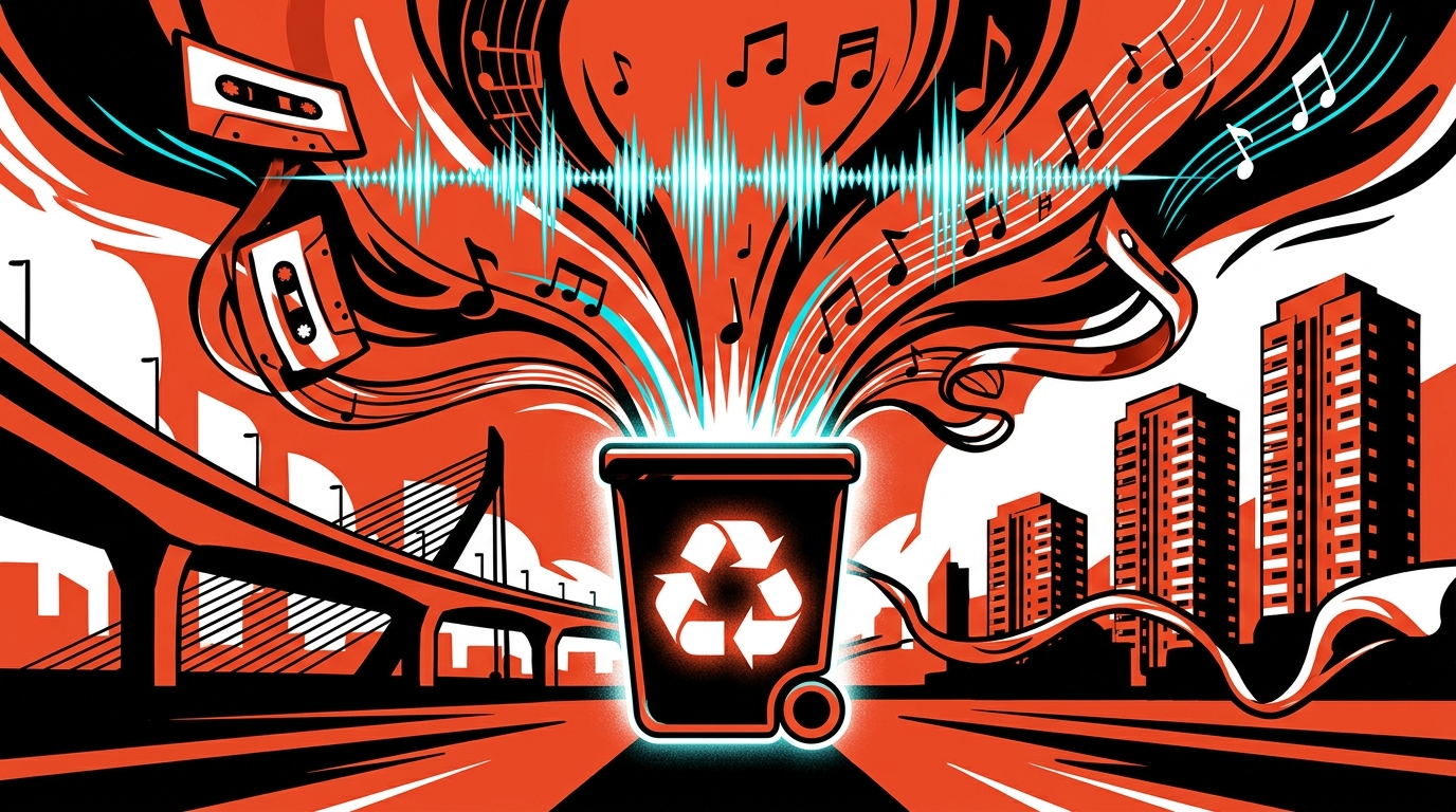 Ilustración street art del regreso de AQUIHAYAQUIHAY. Explosión de energía musical simbolizando su reinicio. Bonchona Radio.