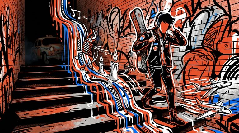 Ilustración de arte urbano sobre la juventud rebelde del Indio Solari. Un joven rockero en una colorida escena callejera.