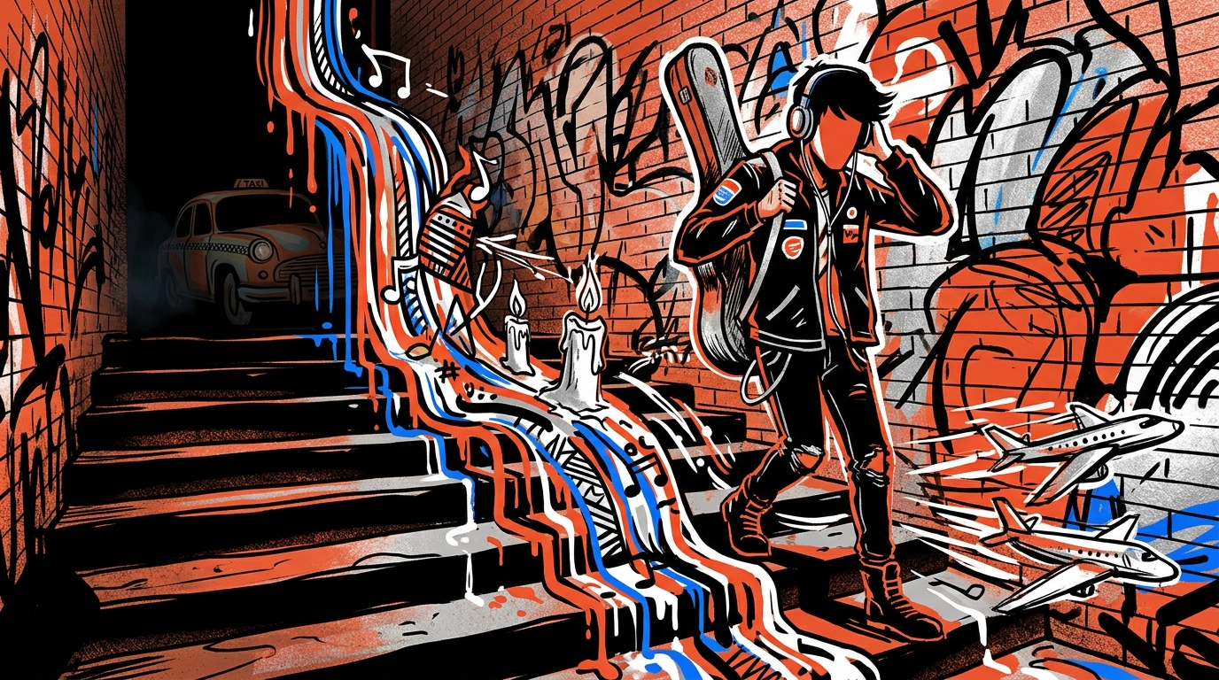 Ilustración de arte urbano sobre la juventud rebelde del Indio Solari. Un joven rockero en una colorida escena callejera.