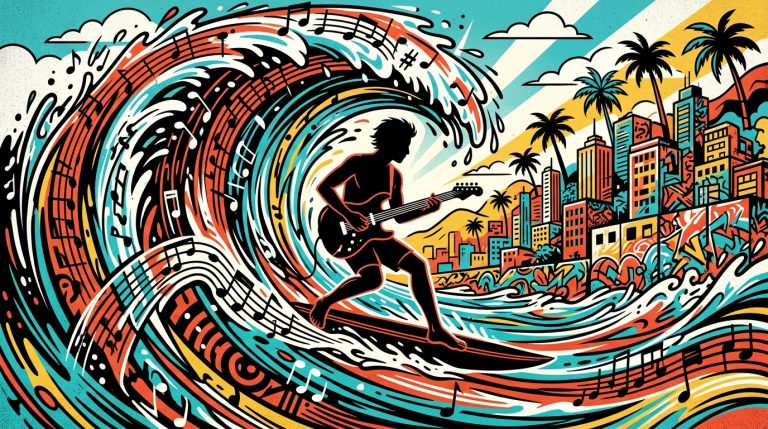 Arte digital estilo graffiti de un músico surfista sobre una ola de sonido, representando el tour de Jack Johnson en Argentina.