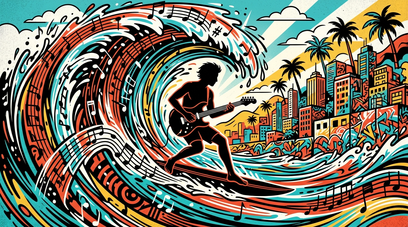 Arte digital estilo graffiti de un músico surfista sobre una ola de sonido, representando el tour de Jack Johnson en Argentina.