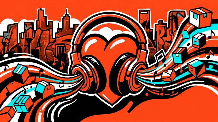 Ilustración urbana de la ayuda de Bad Bunny a Venezuela. Símbolos de música y cajas de ayuda sobre una ciudad.