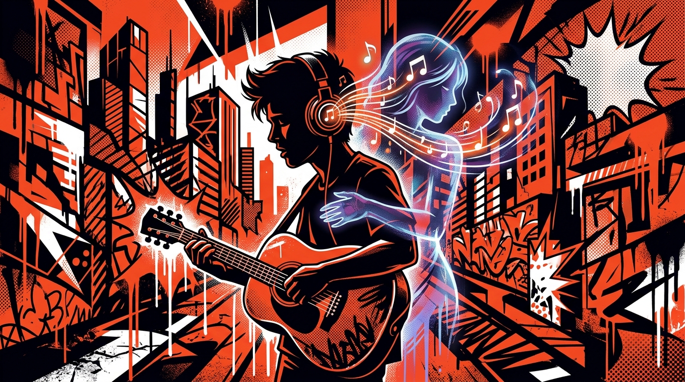 Ilustración urbana de un músico y un fantasma, inspirada en 'Fantasy', el tema de despecho de Emi Savant.