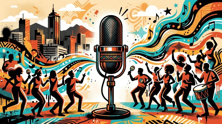 Ilustración urbana del secreto de Marc Anthony en estudio: micrófono absorbiendo la energía de su coro de amigos.