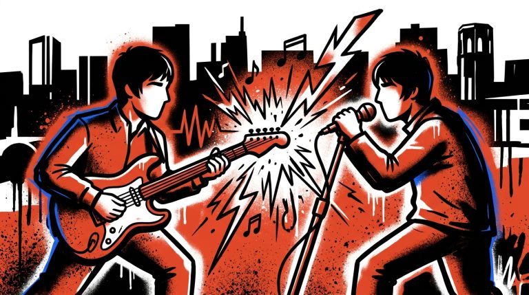 Ilustración de arte urbano de dos músicos en conflicto, simbolizando la rivalidad de los hermanos Gallagher de Oasis. Estilo juvenil.