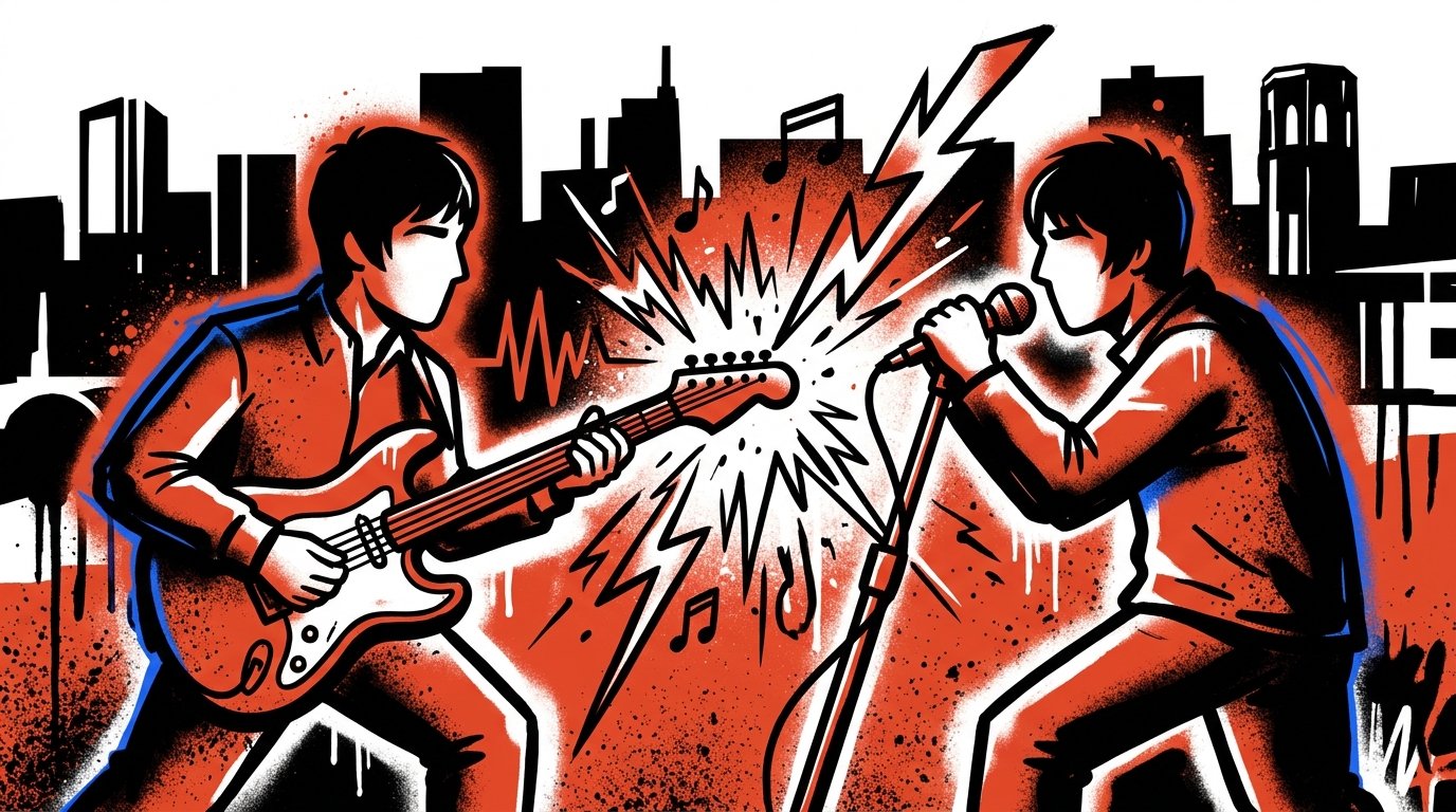 Ilustración de arte urbano de dos músicos en conflicto, simbolizando la rivalidad de los hermanos Gallagher de Oasis. Estilo juvenil.