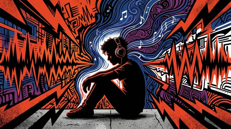 Ilustración urbana de un músico en retiro creativo, representando el álbum 'Hipersensible' de la banda española Marlon.