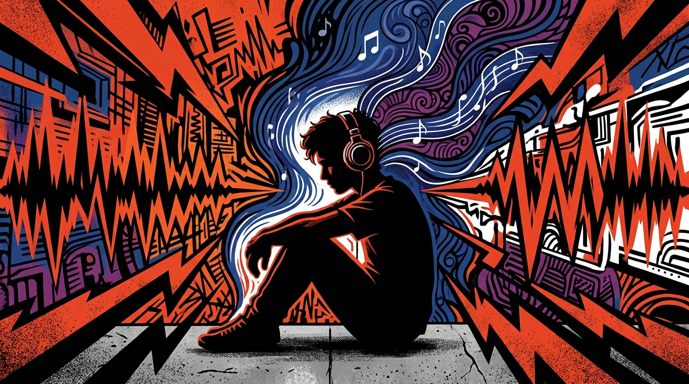 Ilustración urbana de un músico en retiro creativo, representando el álbum 'Hipersensible' de la banda española Marlon.