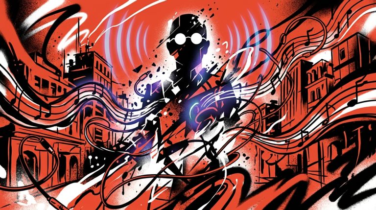 Ilustración urbana estilo graffiti sobre el legado del rockero Indio Solari, con su silueta mística entre ondas de radio.