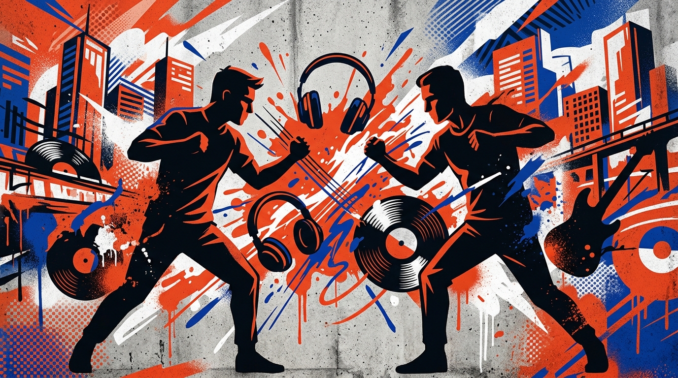 Ilustración urbana de dos figuras en conflicto con guitarras y notas musicales, alusiva al documental de Oasis y los Gallagher.
