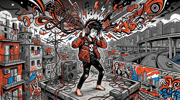 Ilustración urbana colorida de la nueva escena del rock 'neo-rolinga' argentino. Un joven escucha música en la ciudad.