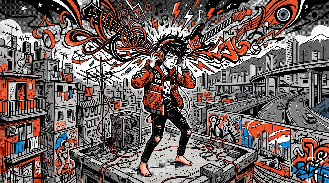 Ilustración urbana colorida de la nueva escena del rock 'neo-rolinga' argentino. Un joven escucha música en la ciudad.