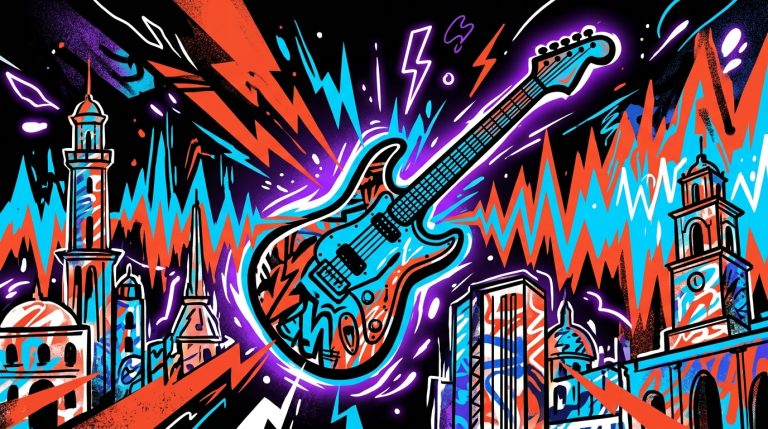 Ilustración urbana del impacto del rock de Def Leppard en Valencia. Noticia sobre su posible concierto en Venezuela.