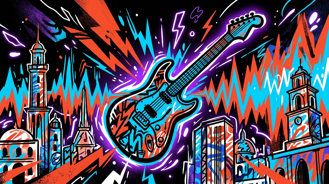 Ilustración urbana del impacto del rock de Def Leppard en Valencia. Noticia sobre su posible concierto en Venezuela.