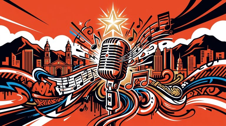 Ilustración urbana de un micrófono y una estrella sobre una ciudad, simbolizando la búsqueda de talento en Operación Triunfo USA.