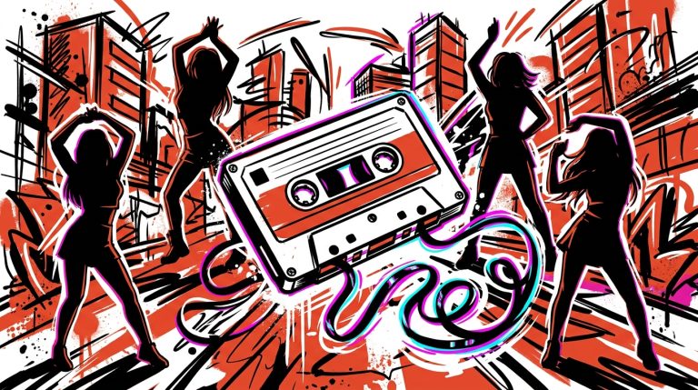 Ilustración urbana del reinicio musical de (G)I-DLE. Siluetas K-Pop y un cassette con glitch en un fondo de Valencia.