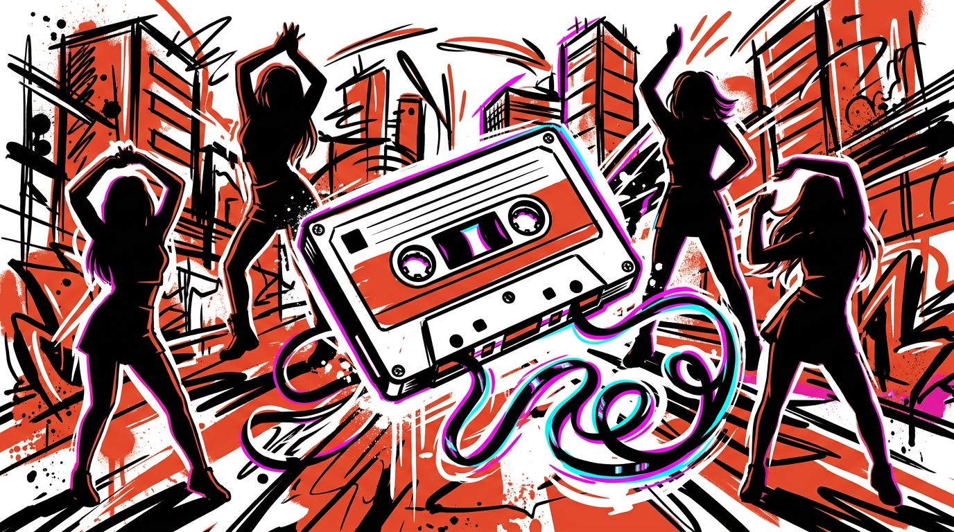 Ilustración urbana del reinicio musical de (G)I-DLE. Siluetas K-Pop y un cassette con glitch en un fondo de Valencia.
