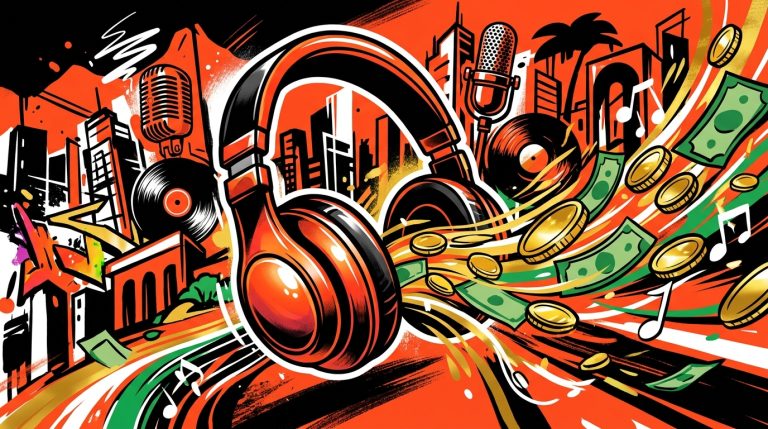 Ilustración urbana de audífonos y notas musicales con dinero, simbolizando el éxito económico de la industria musical española.