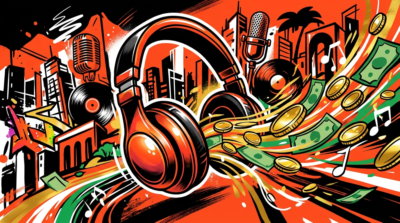 Ilustración urbana de audífonos y notas musicales con dinero, simbolizando el éxito económico de la industria musical española.
